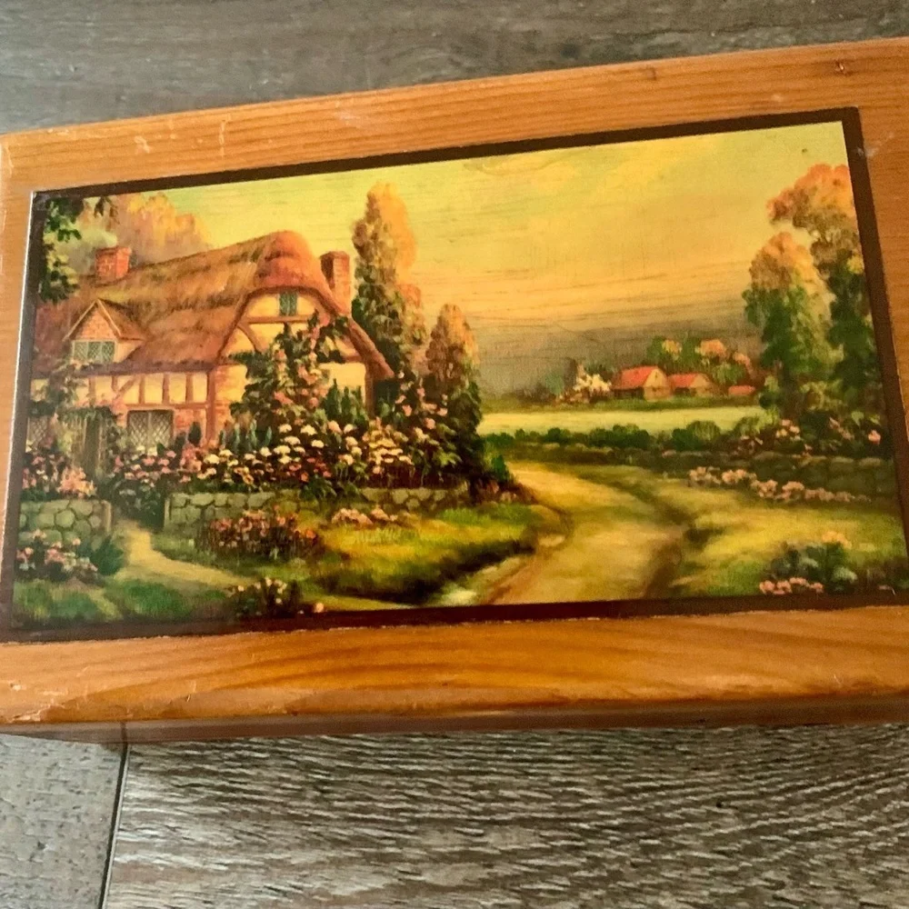 Vintage cedar wood box with picture of English cottage